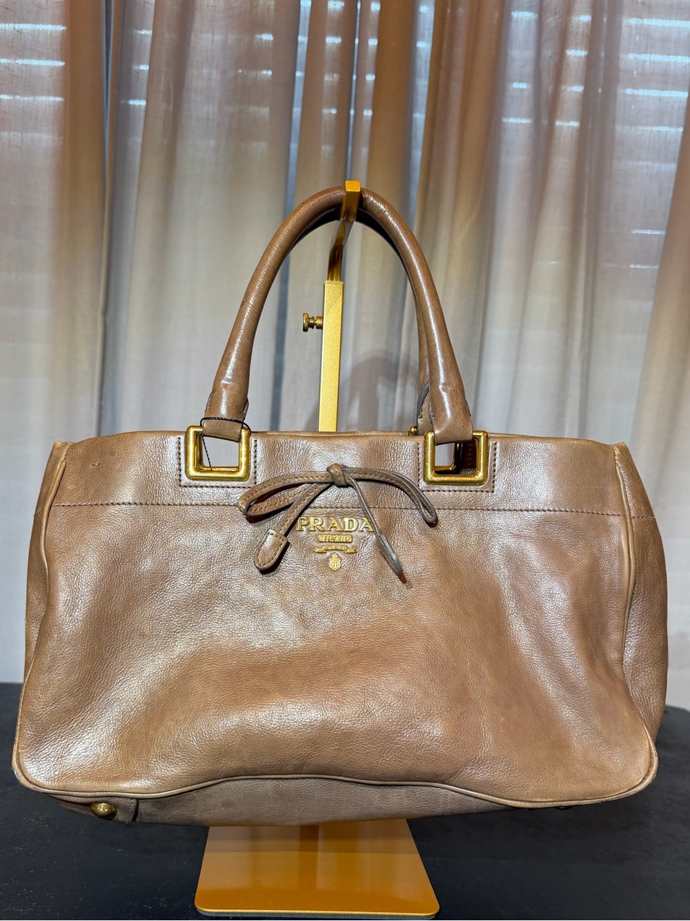 Prada Vitello Daino Leather Satchel Bag with Gold Hardware Bow Accent
